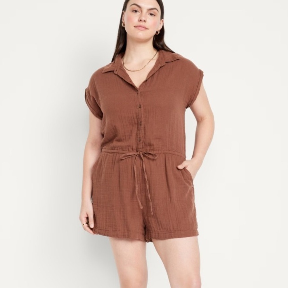 Old Navy Waist-Defined Crinkle Gauze Romper Baked Bronze Brown Womens Small Tall